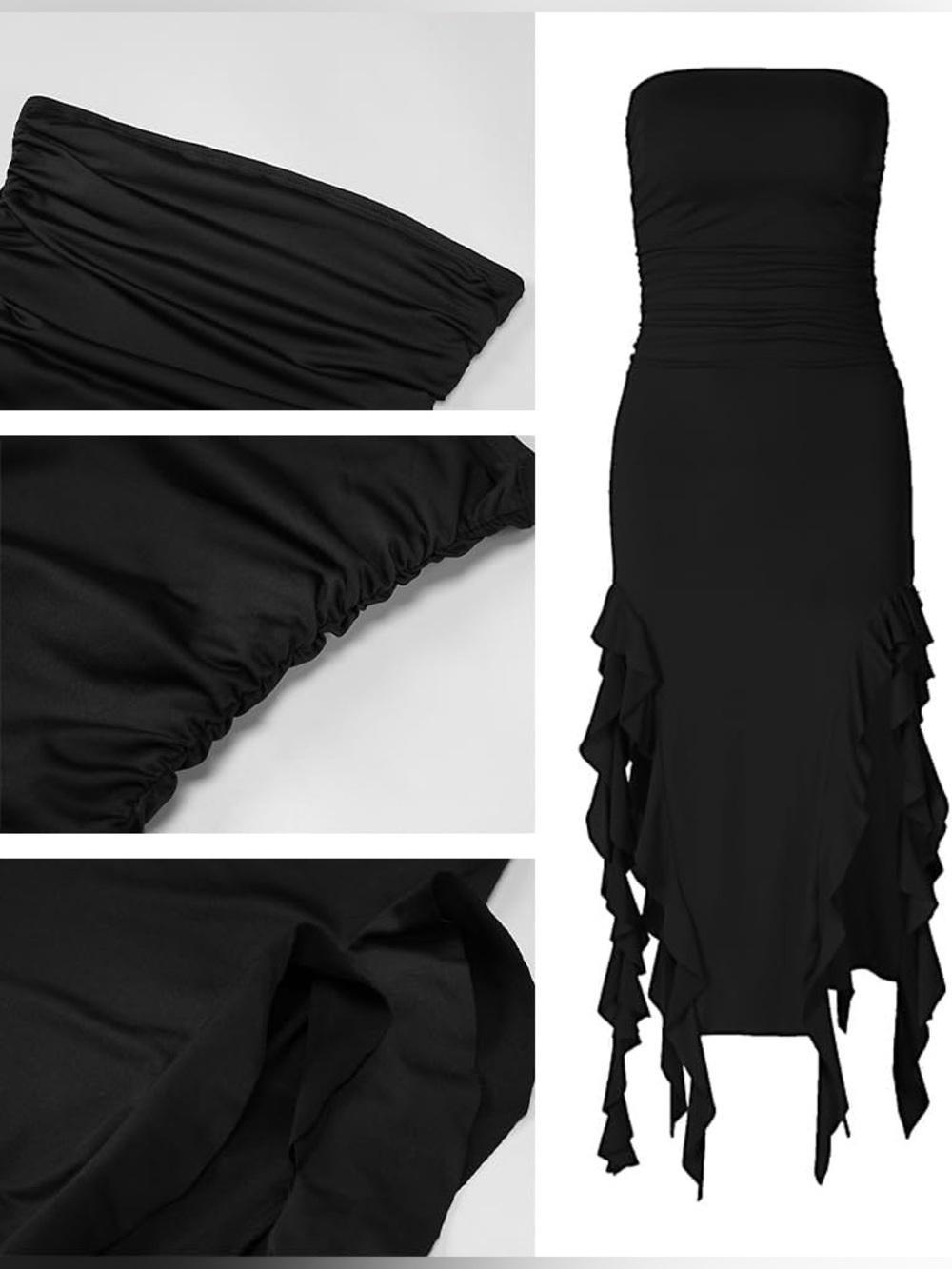 Thirty Thirty Asymmetrical Black Satin Ruched Strapless Dress